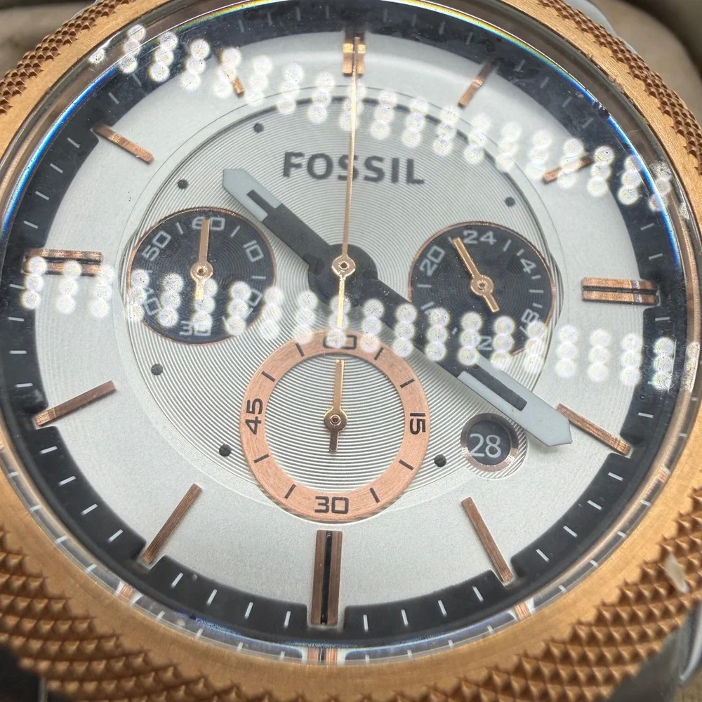 Fossil Watch Men Brown FS-4714 Machine Chronograph Rose Gold Bezel Leather Strap